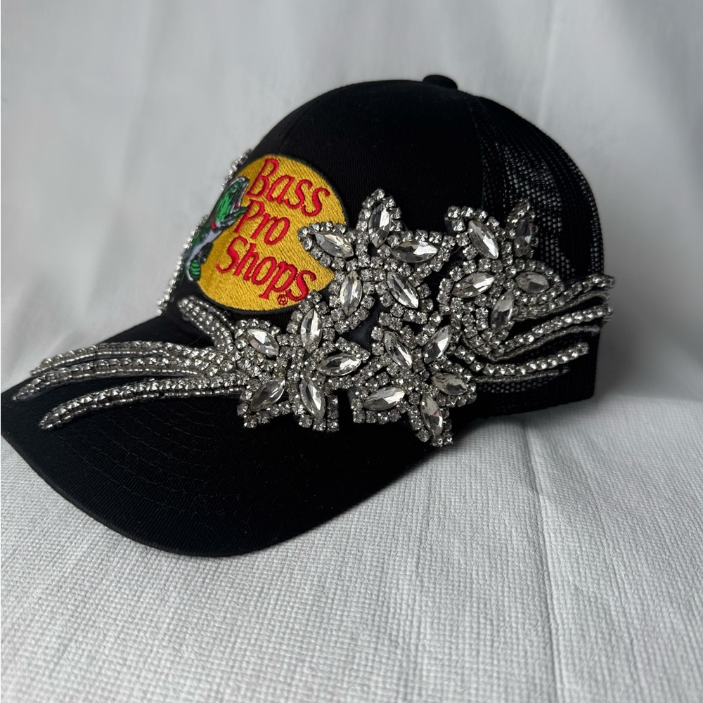 Bass Pro Shops Black and Silver Hat with Ornate Embellishments